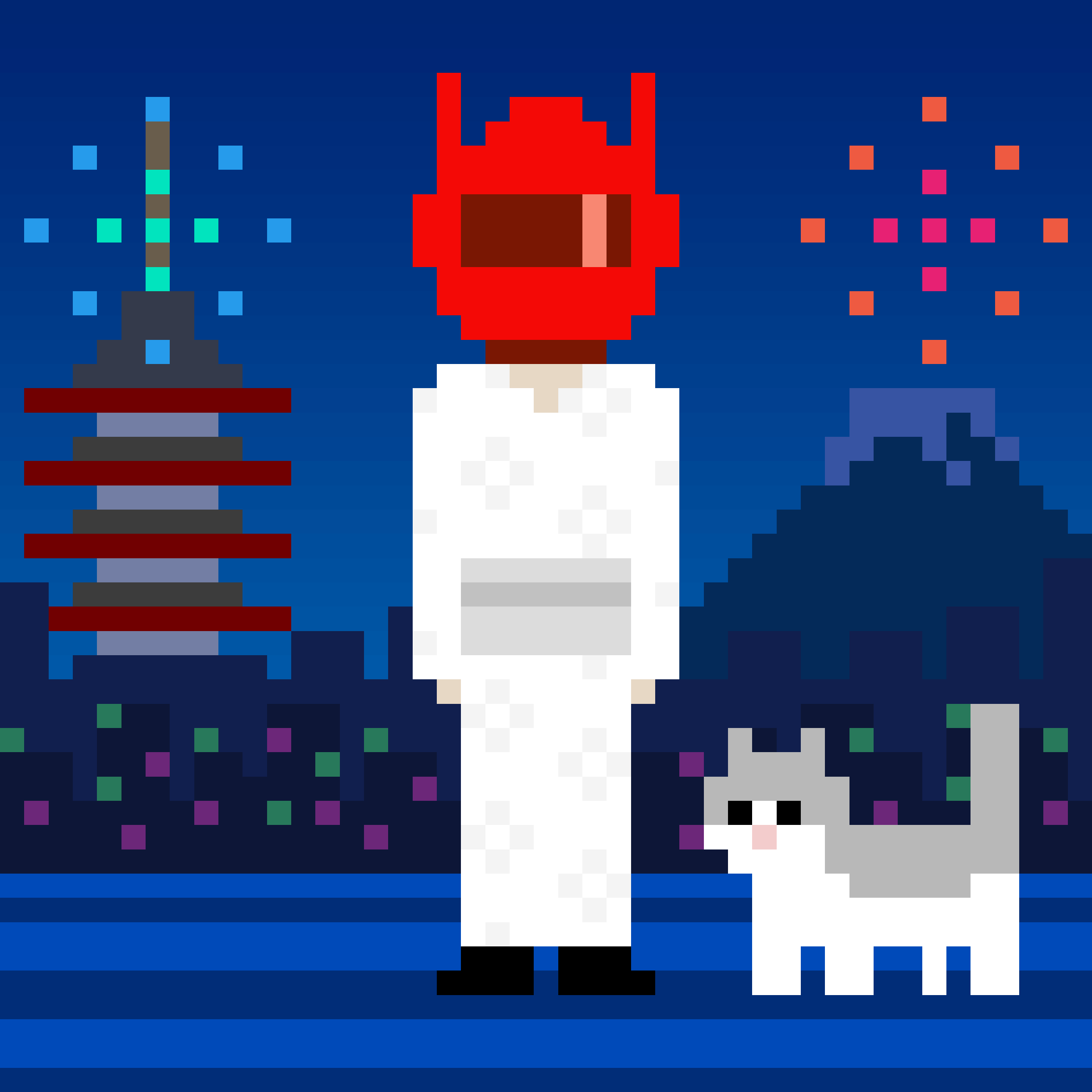 A pixel drawing of a person in a white kimono and a red helmet, standing beside a cat with Mt. Fuji and a Buddhist temple in the background