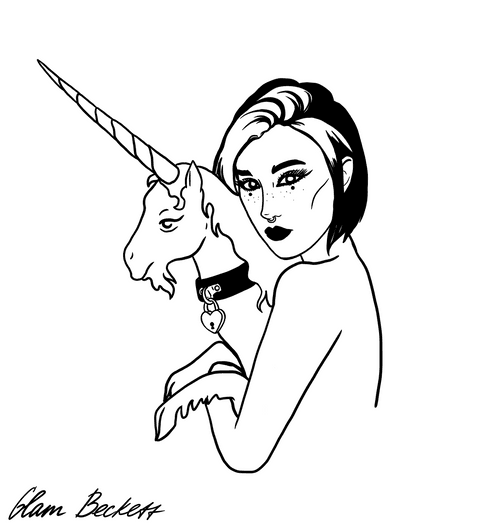 A black-and-white digital line drawing of a short-haired woman cradling a unicorn in her arms