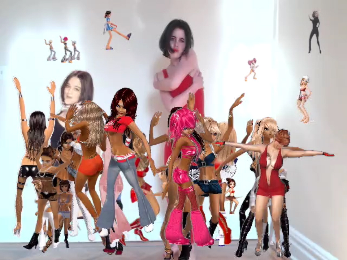 A still from a video in which a woman in a red jumpsuit dances around a white room, collaged with digital avatars of skimpily dressed dancing women