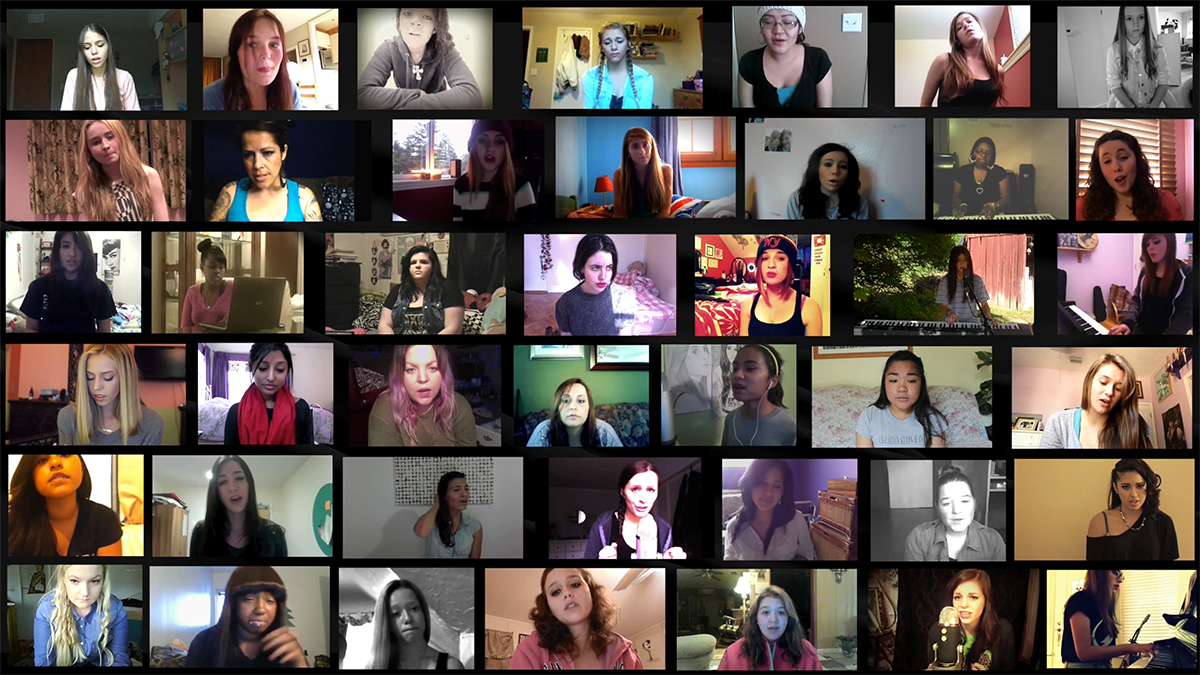 A grid of 42 still images from videos showing young women singing