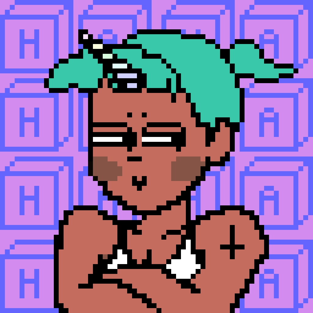 A pixilated digital drawing a woman smirking and folding her arms. She has green hair and a unicorn horn emerging from her brow