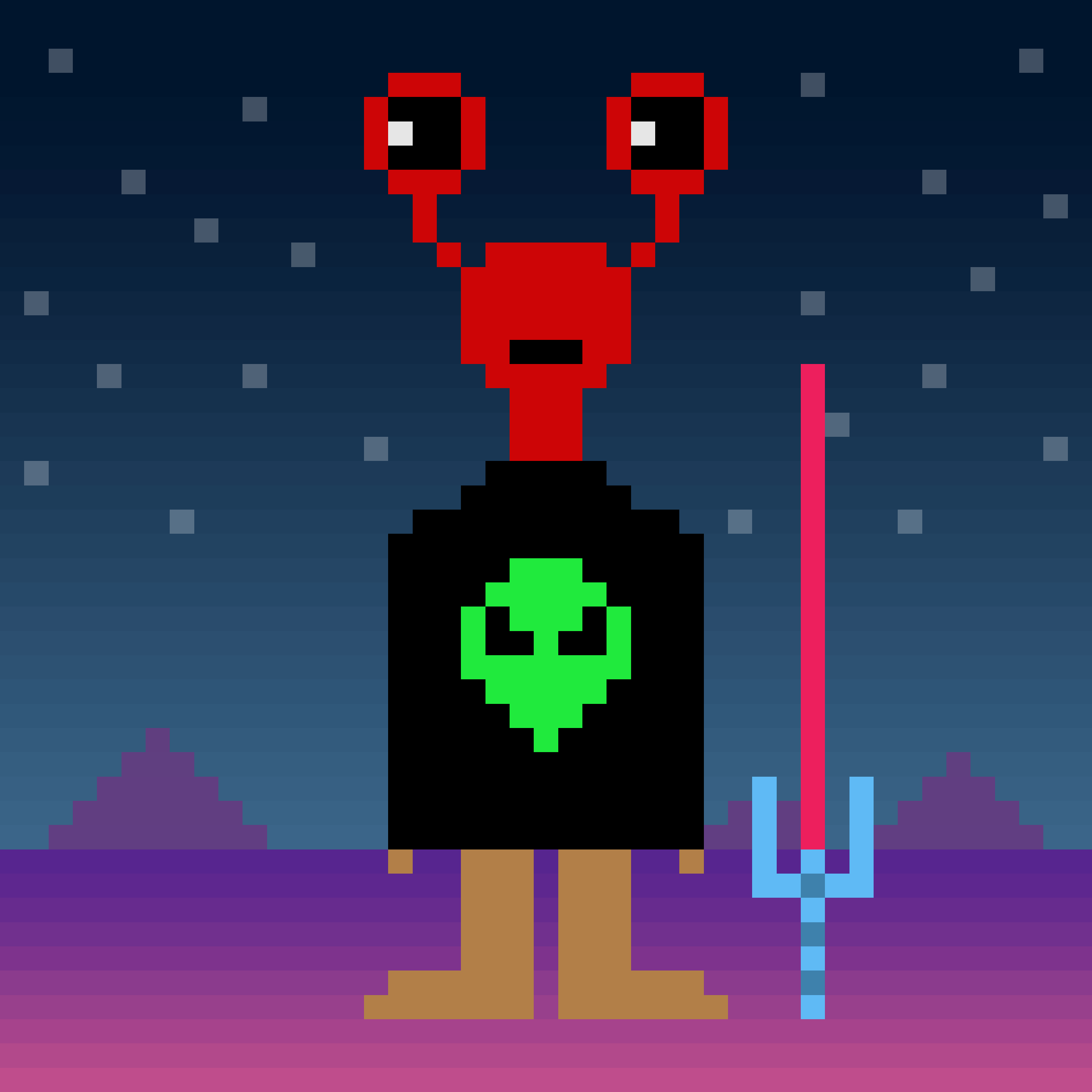 A pixel drawing of an alien with two bulbous eyes on red antennae, standing in a barren otherworldly landscape beside a light saber