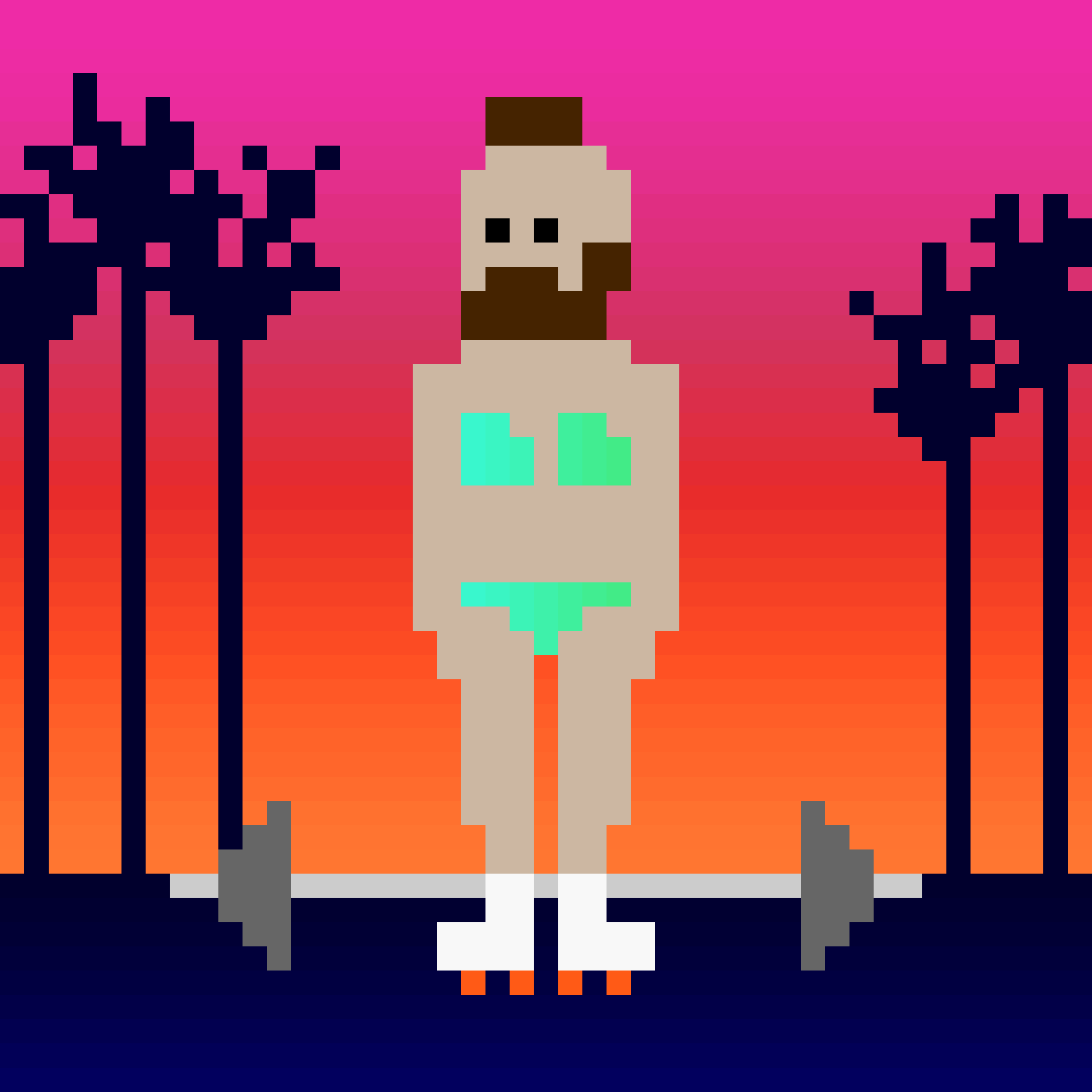 A pixel drawing of a bearded man wearing a bikini and rollerblades, with a barbell on the ground behind him and silhouetted palm trees against a rosy sunset in the background