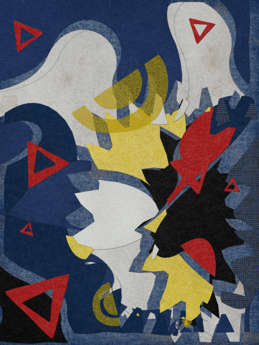 A digital abstraction comprising uneven shapes in yellow, red, and various shades of blue, drawn and arranged in a way that suggests handiwork