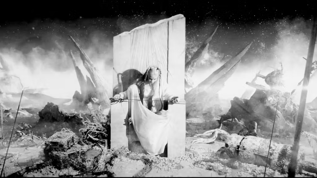 A black-and-white image of a bowed figure emerging from a white stone column amid a devastated, dusty landscape