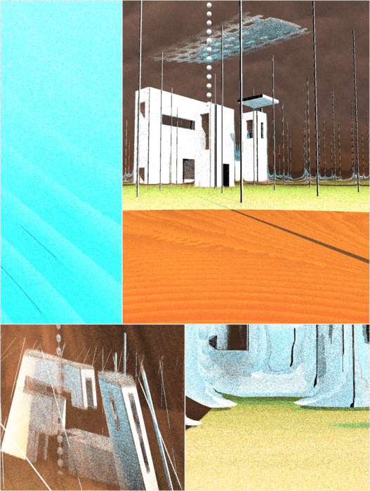 A composition of quadrilateral panels, each showing architecture from different perspectives, in muted tones of brown, white, orange, and blue