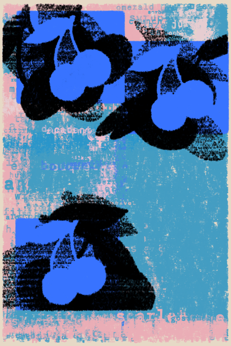 A digital image simulating a screenprint of cherries in bright blue with black shadows, against a background of blue and pink