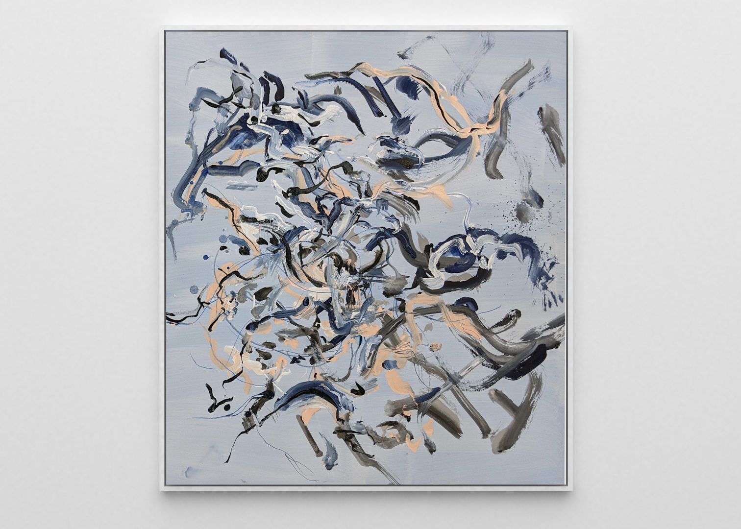 a photo of an abstract painting - Pollock-style drips in black, white, and beige on a pale blue background