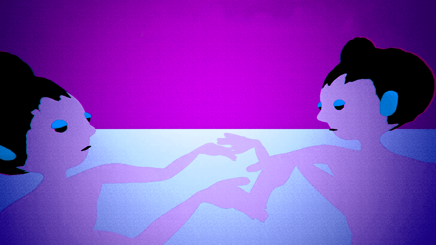 A digital drawing of two heavy-lidded pale figures touching hands as they float over a light blue field under a purple sky