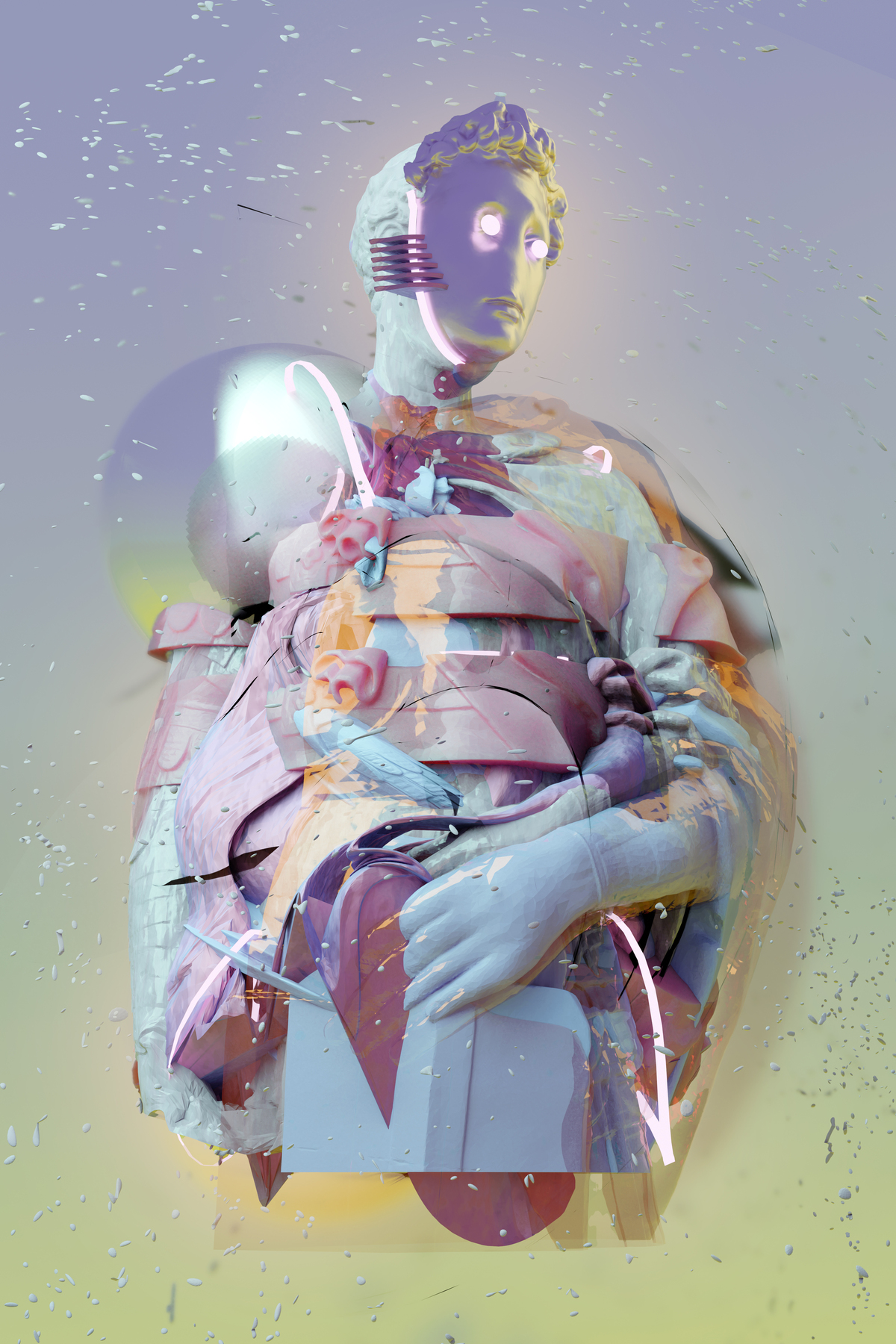 A digital image of a human-machine hybrid creature in shades of pastel blue and purple