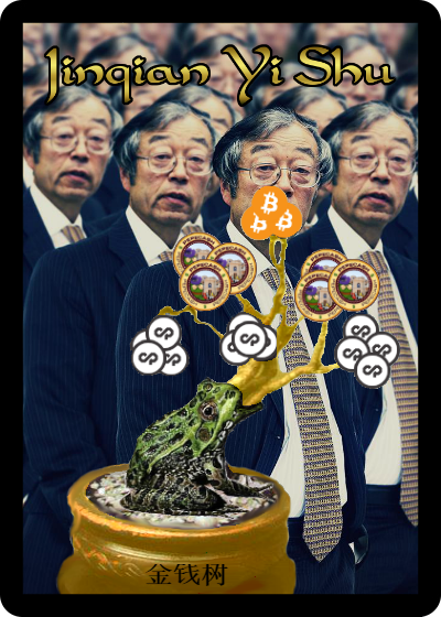 A digital trading card with a bonsai tree that emerges from a frog's mouth and whose branches sport Bitcoin logos. Behind it, rows form from the repeated image of an Asian man