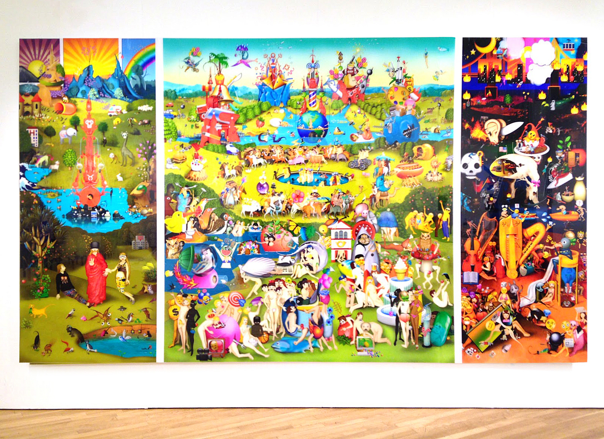 A photo of a print hanging on a white wall, it's a triptych in the style of Bosch's Garden of Earthly Delights except with emojis