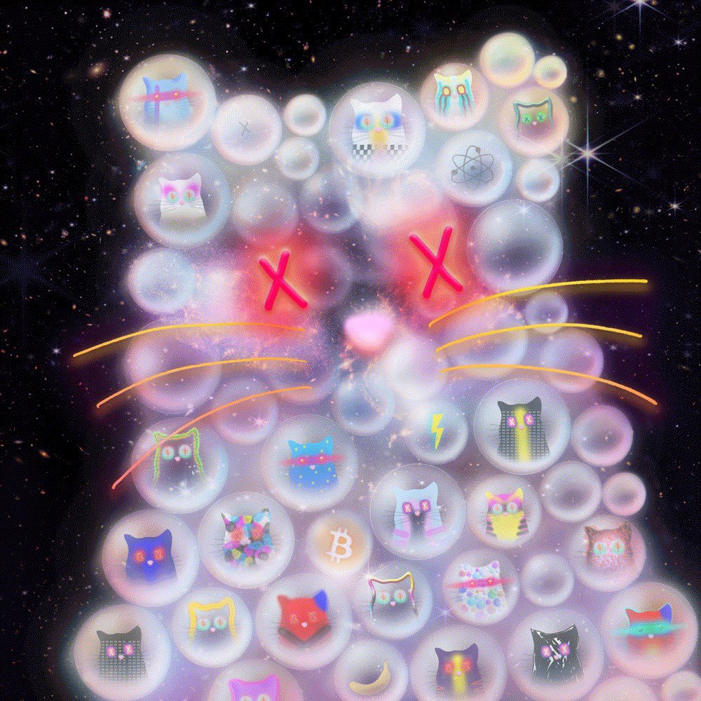 A digital illustration of a cartoon cat against a starry black sky. The cat is composed of many iridiscent bubbles, some of which contain cartoon cats of their own