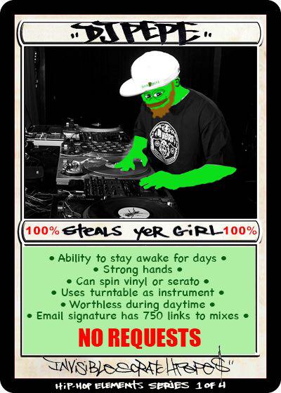 A digital drawing of a man with green skin at a turn table, formatted as a trading card, listing the man's traits, including "ability to stay awake for days" and "email signature has 750 links to mixes"