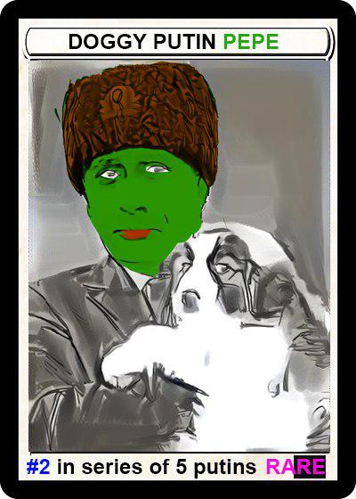 A trading card with a brushy digital painting of a greenskinned Vladimir Putin holding a puppy