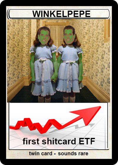 A digital trading card that depicts the Winklevoss twins as the ghost twins from The Shining. Below that image is a stock graphic of a red arrows labeld "first shitcard ETF"
