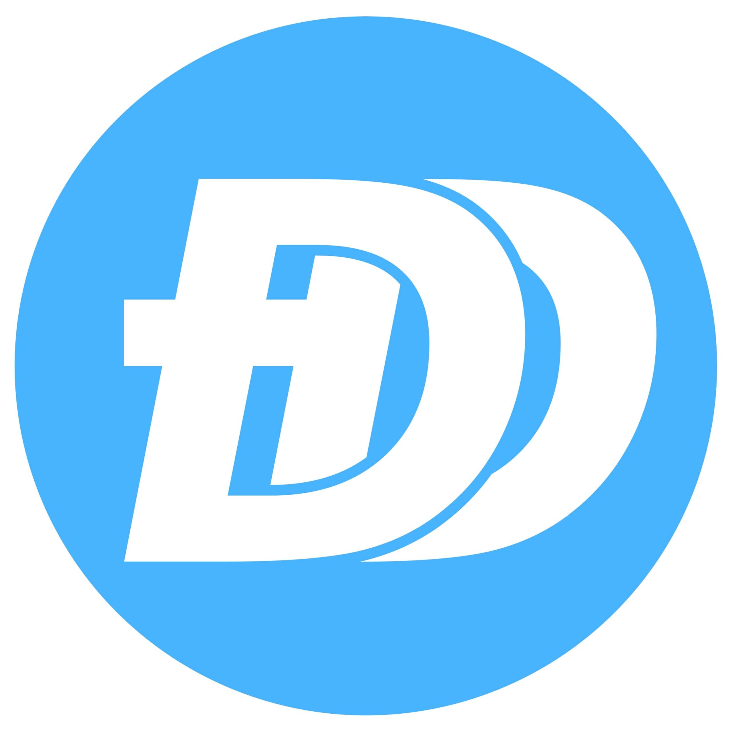 A logo-style graphic with a blue circle with two interlocking white Ds on it