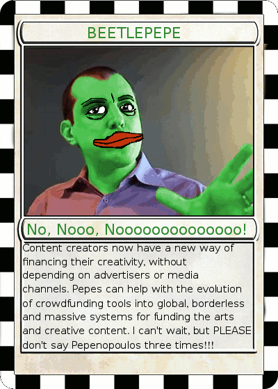 An animated gif of a man with green skin transforming into Beetejuince, styled as a meme. The text below is an overblown description about the power of memes to fund artists
