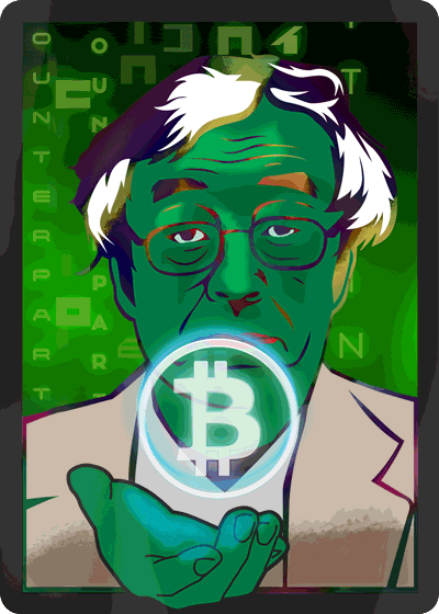 An animated gif of a Bitcoin logo rotating over the outheld hand of an old man with green skin as a wave of light casacdes over him