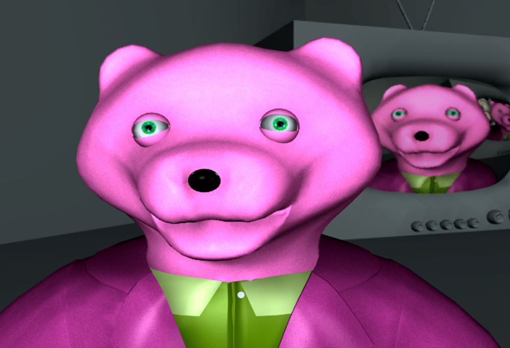 A digital image of a pink bear in a purple suit standing in a gray room in from of a television set repeating his image
