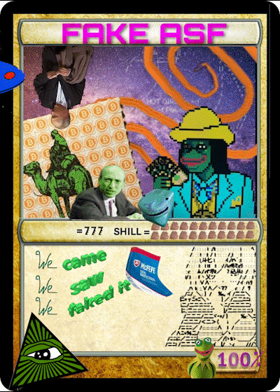 An animated collage of a trading card where a cast of frog characters move across the panels; moving 3D text reads: "came, saw, faked it"