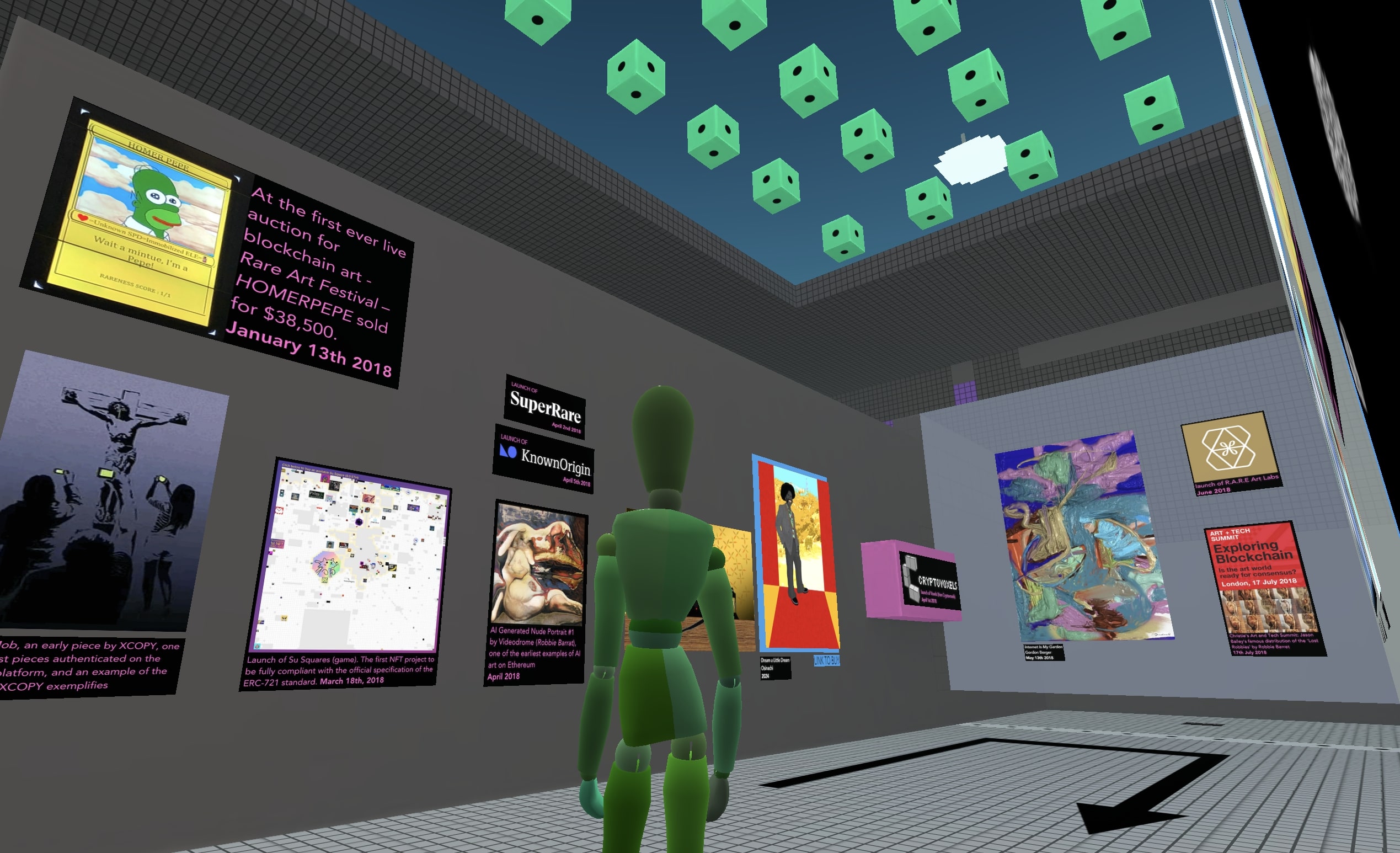 A screenshot of an avatar standing in a metaverse museum