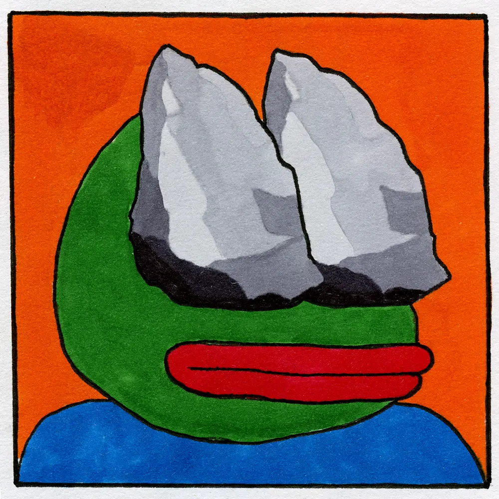 A drawing of a cartoon frog with large gray rocks covering his eyes.