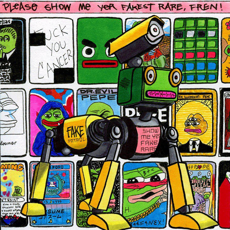 A drawing of a robot dog with text on its chest reading "show me yer fake rares," standing in front of rows of collectible drawings