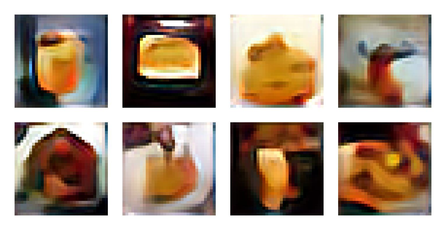 A grid of eight images, each showing heavily pixelated yellow blobs against light or dark backgrounds