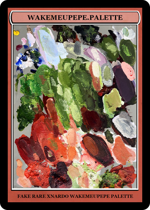 A photo of an oil painter's palette, with text indicating the work made with it at the top and bottom