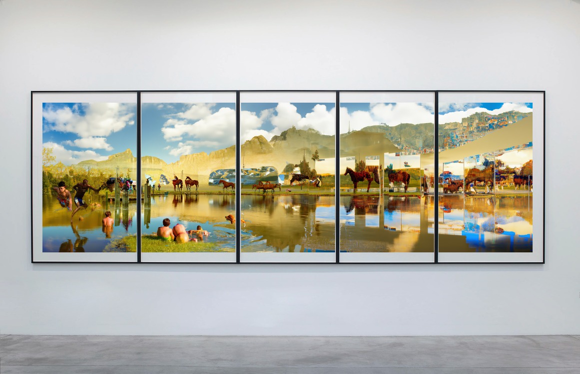 A photograph of an artwork comprising five panels, showing a horses by a mountain lake. Versions of the image seem to be embedded in themselves