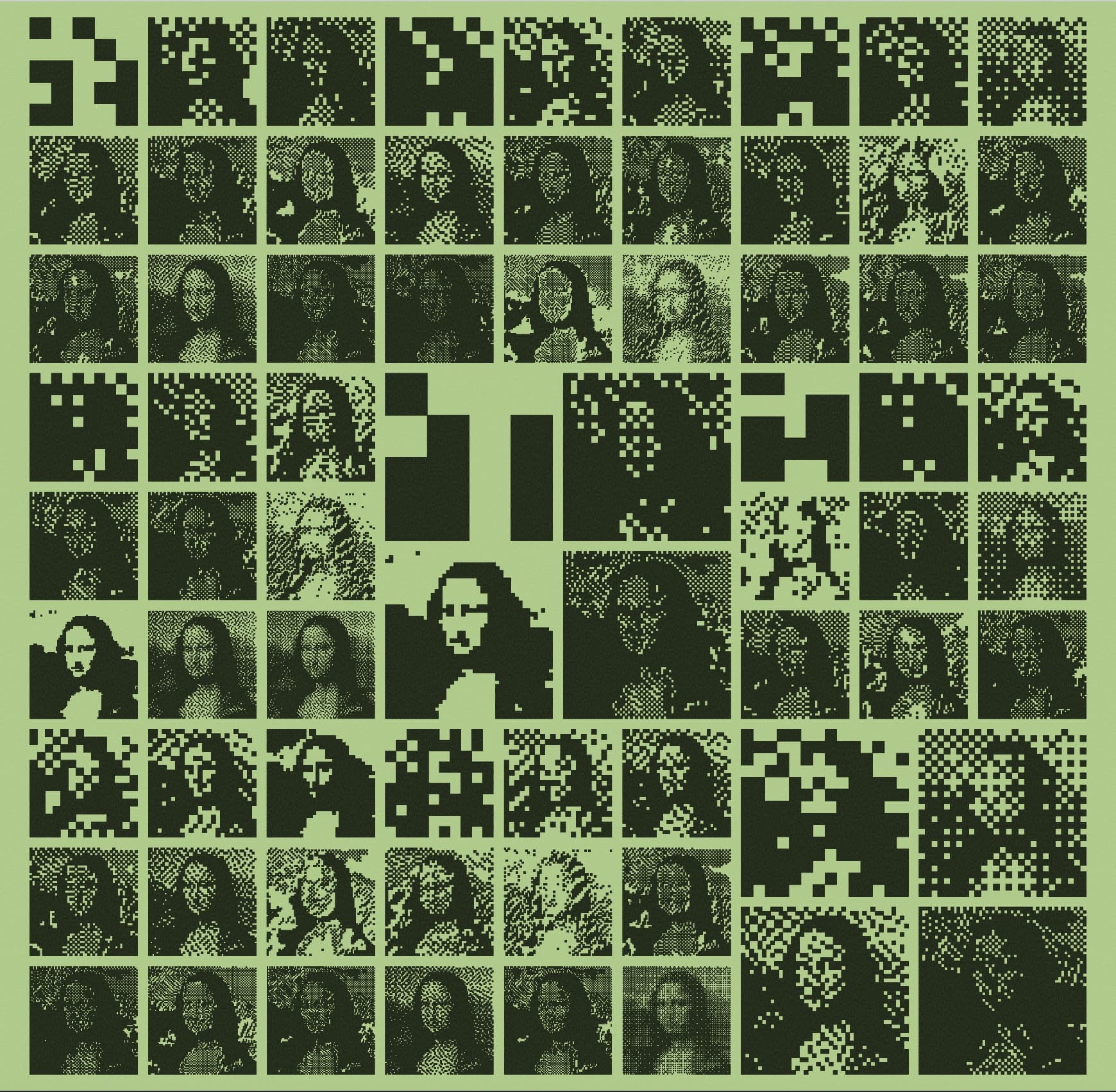 A lime green square with a grid of images of the Mona Lisa, pixelated to various degrees