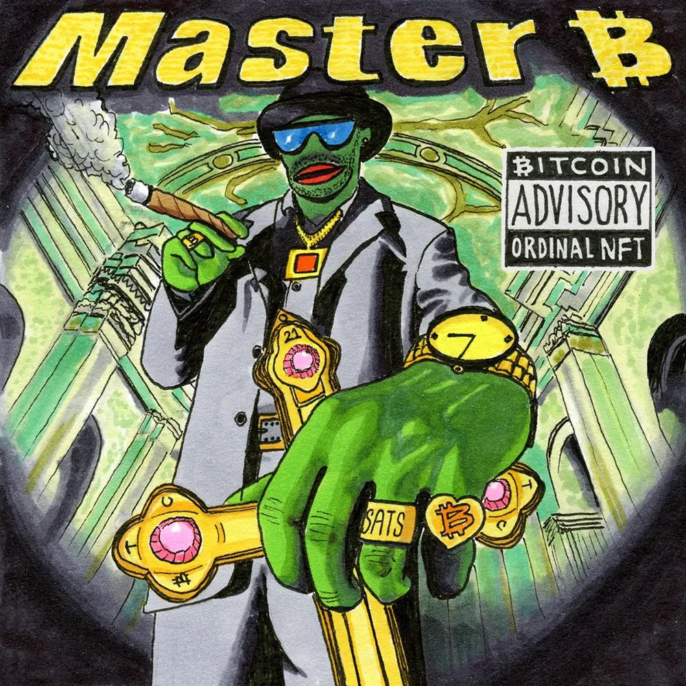 A drawing based on a rap album cover with a lyrics advisory. A frog in an expensive suit smoking a cigar and wearing lots of gold, looks down at the viewer through big sunglasses under the text Master B.