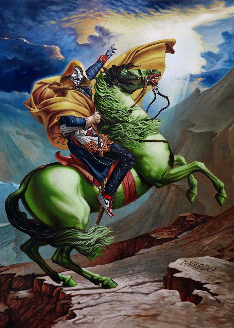 A painting inspired by Delacroix's portrait of Napoleon on horseback, with a figure wearing a Guy Fawkes/Anonymous mask riding a green horse