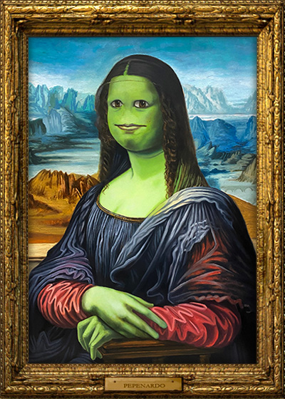 A painting that reimagines the Mona Lisa as green and frog-like