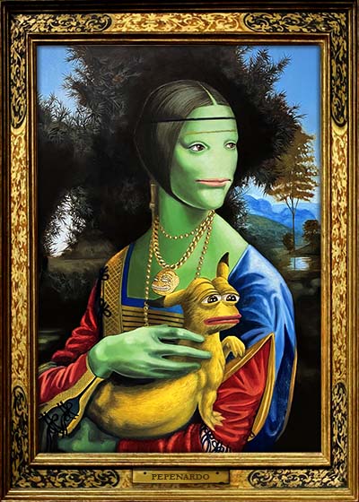 A painting remaking Da Vinci's Lady with an Ermine, where the lady is green and noseless and wears a Pepe amulet, and holds a yellow creature with a sad, frog-like face