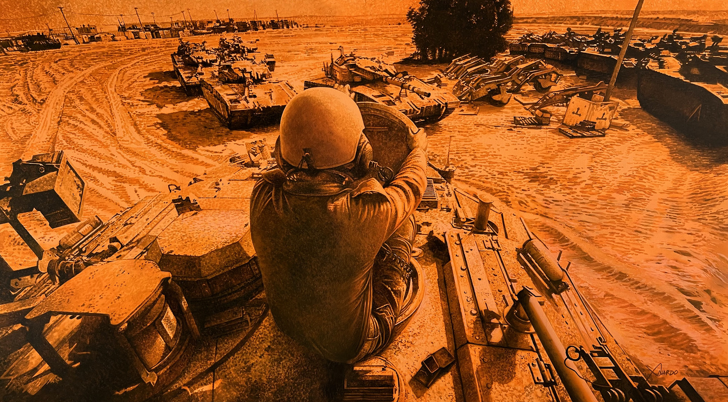 An orange-tinted painting of a figure seated on top of a military vehicle, overlooking an expanse of sand where several tanks and bulldozers are parked.