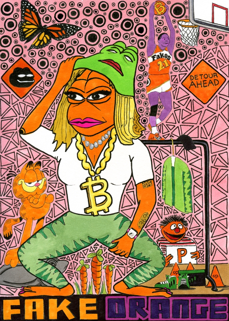 A drawing of a dancing woman with orange skin and a frog-like face, removing a green mask, in front of a busy background of triangular and circular designs.