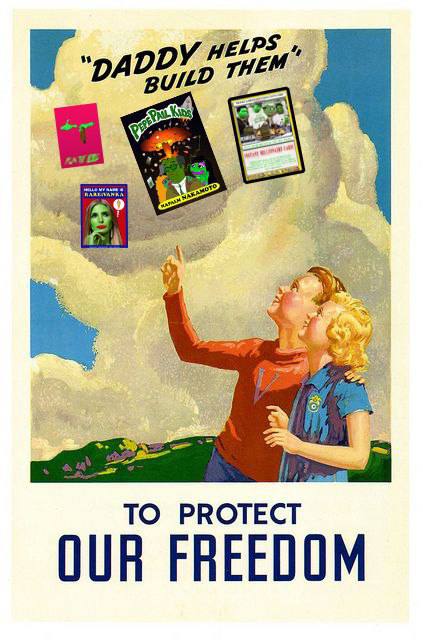 A collage that uses a WWII propaganda poster, where children point up to the sky and say "Daddy helps build them to protect our freedom," but the aircraft of the original are replaced by Rare Pepe trading cards