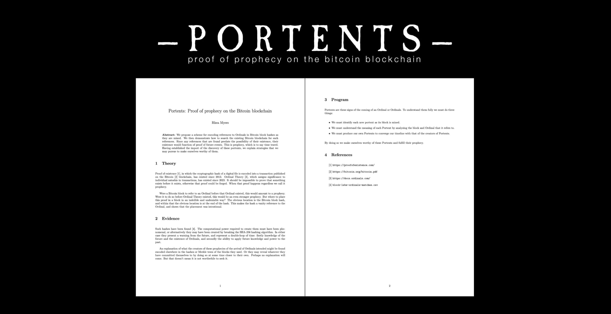 A two-page document entitled 'Portents: Proof of prophecy on the Bitcoin blockchain'