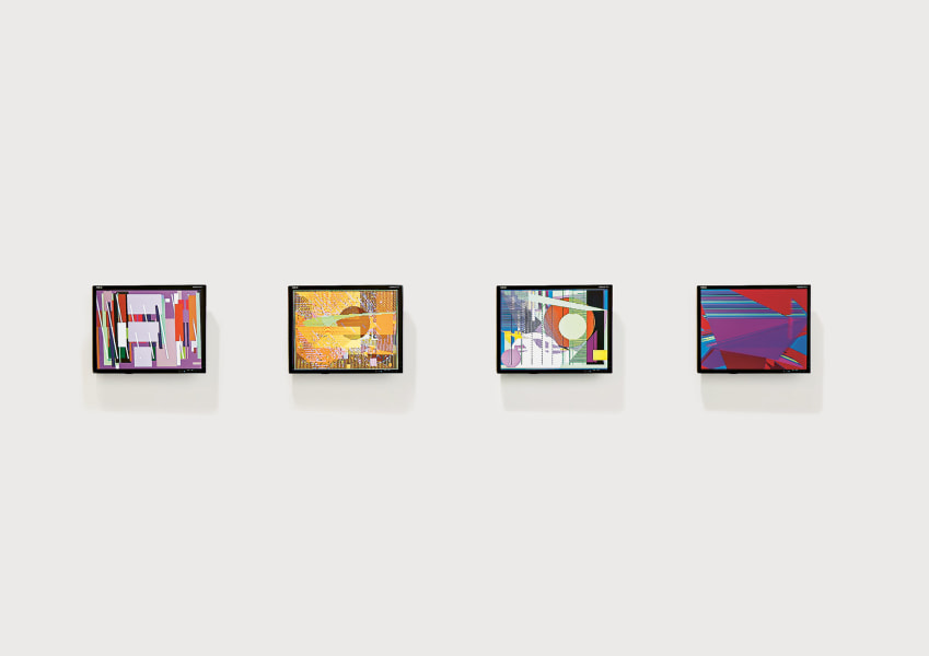 Four monitors hang on a white wall displaying colorful digital abstractions