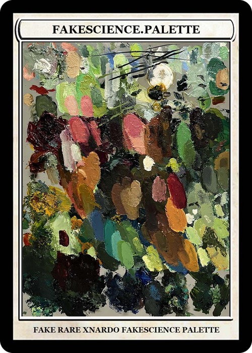 A photo of an oil painter's palette, with text indicating the work made with it at the top and bottom