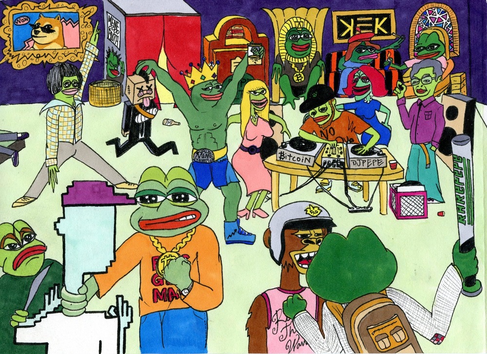 A drawing of a party where green-skinned, frog-headed people dance and mingle; a bearded one is deejaying at a turntable, and in the foreground some frogs threaten violence against a CryptoPunk and a Bored Ape